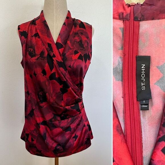 St. John Silk Stretch Red Floral Satin Blouse - Picture 4 of 5